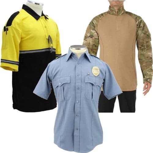 Three uniform tops for professionals: a yellow police shirt, an EMS blue top, and a camouflage tactical shirt.
